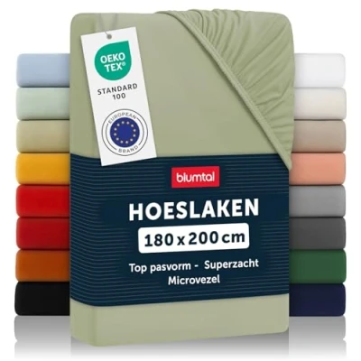 Afbeelding van Blumtal Hoeslaken Microvezel 180 x 200 cm Oeko Tex gecertificeerd tot 25 Matrashoogte Light Olive Green Groen