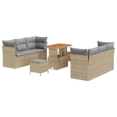 Afbeelding van vidaXL 9 delige Tuinbank Set met Kussens Beige Poly Riet Acacia, 3 Tuin Eetset Acacia