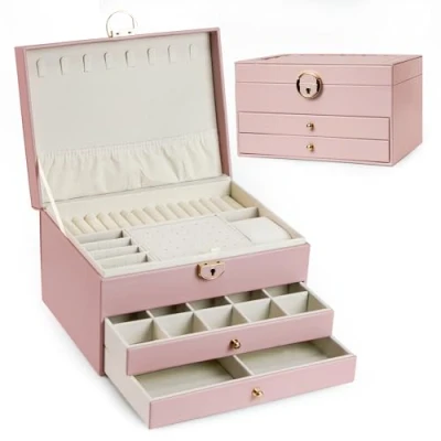 Afbeelding van AdelDream Sieradendoos, drie verdiepingen, sieradendoos met lineair design, sieradenopslag, verjaardags en vakantiecadeau voor dames, dochter vrienden, roze