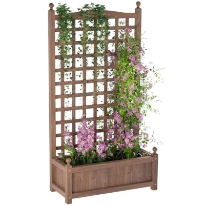 Afbeelding van Outsunny plantenbak met latwerk bloembak op voet afmetingen: 64 x 28 120 cm irrigatie inzetstukken incl. behandeld dennenhout