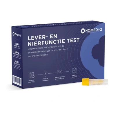 Afbeelding van Home IQ Leverfunctie en Nierfunctie Test Thuistest controleert ALT, AST, GammaGT, Bilirubine, Albumine, Creatinine, eGFR Alkalische Fosfatase