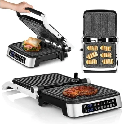 Afbeelding van ZEEGMA GRILL CHEF Elektrische contactgrill 2 in 1 voor de bereiding van Vlees, Panini en Groenten 2100W Uitneembare verwarmingsplaten, 180 Graden inklapbaar, ILAG antiaanbaklaag, Lekbak, Meldingen