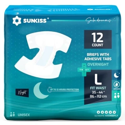 Afbeelding van SUNKISS TrustPlus Nachtluiers voor volwassenen met ultiem absorptievermogen, uniseks incontinentieslip lipjes mannen en vrouwen, geurbestrijding, groot, 12 stuks