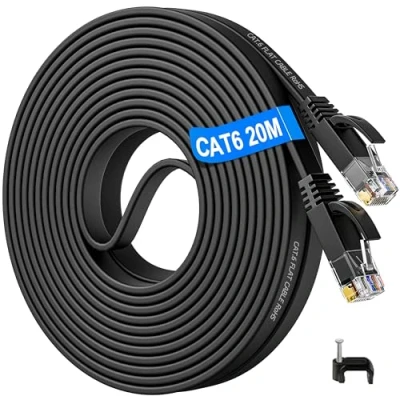 Afbeelding van Ethernet Kabel 20m, Cat 6 Netwerkkabel Plat Hoge Snelheid Internet 20 meter Gigabit RJ45 Cable LAN Patchkabel Zwart Compatibel met Cat5/5e voor Router Schakelaar Modem