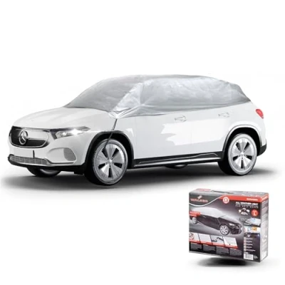 Afbeelding van Autoafdekking AllWeather halfgarage maat L lichtgrijs, waterdichte halfgarage, stofdicht met UV bescherming, verstevigde gordelsluiting