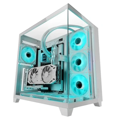 Afbeelding van MARSGAMING MC 3C, Gaming ATX Gehäuse, 3D Panoramablick mit Dreifach gehärtetem Glas, Seitliches Doppelkammer Design, Vollständige Unterstützung Wasserkühlung, Mid Tower PC Kabelmanagement, Wit