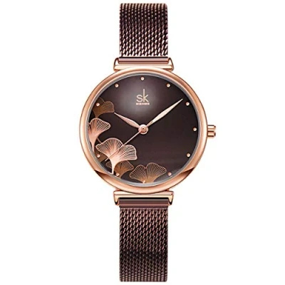 Afbeelding van Alienwork Dameshorloge Rose Goud Mesh Armband Bruin Elegant