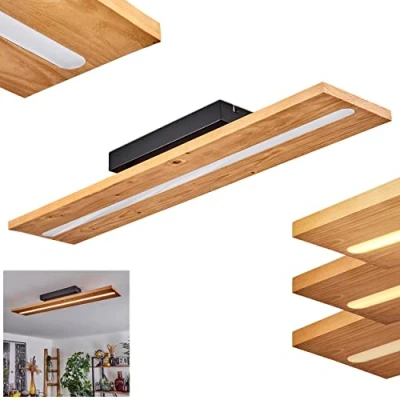 Afbeelding van LED plafondlamp Adak, dimbare van metaal/hout/kunststof in zwart/naturel/wit, dimbaar, lamp met houten kap, 21 watt, 2500 lumen, 3000 K