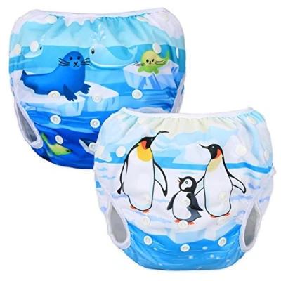 Afbeelding van Luxja Baby Zwemluier Herbruikbaar (2 Stuks), Verstelbare Zwemluiers voor Baby&#039;s (0 3 Jaar), Penguin + Zeedieren