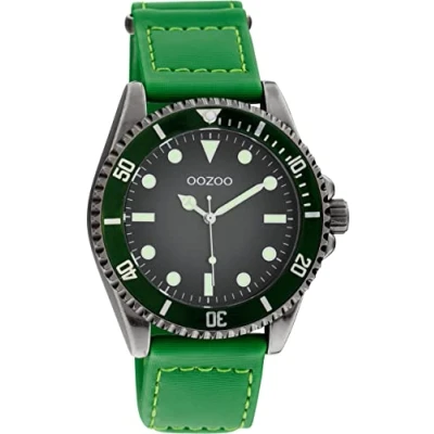 Afbeelding van Oozoo Herenhorloge met genaaide nylon klittenbandarmband, diameter 42 mm, draaibare lunette, groen/titanium, groß, Riemen.