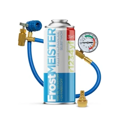 Afbeelding van FrostMEISTER 3 in 1 Navulset voor auto airconditioning (1x 400 ml bus + slang met manometer en adapter), vervanging koelmiddel, compressorolie afdichtmiddel R1234yf (vanaf bouwjaar 2017)