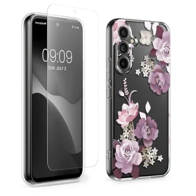 Afbeelding van kwmobile Telefoonhoesje geschikt voor Samsung Galaxy A54 5G hoes smartphone Telefoon cover Met glazen schermbeschermer Bloesems en rozen design