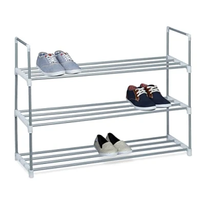 Afbeelding van Relaxdays schoenenrek metaal, HBD: ca.70x90x30cm, 3 etages, voor in de gang of hal, schoenenkast open, zilver