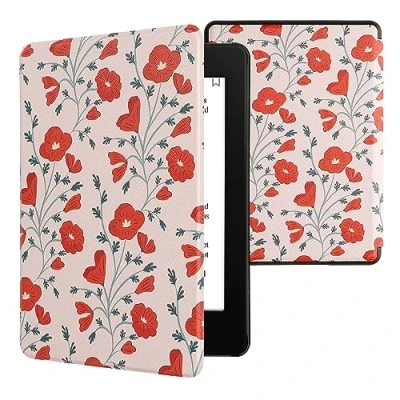 Afbeelding van kwmobile E reader hoesje geschikt voor Amazon Kindle Paperwhite 11. Generation 2021 hoes flip case met magnetische sluiting Ereader cover Klaprozen design in rood / groen beige