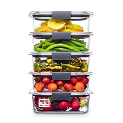 Afbeelding van Rubbermaid 10 delige briljante voedselopslagcontainers met deksels voor lunch, maaltijdbereiding en restjes, vaatwasmachinebestendig, 3,2 kop, helder/grijs
