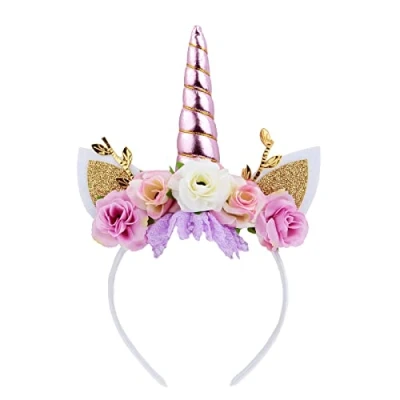 Afbeelding van Nishine Eenhoorn bloemenhoofd met glinsterende oren, ponykop tiara, meisjes, verjaardagsfeest, papier (roze &amp; ivoor)