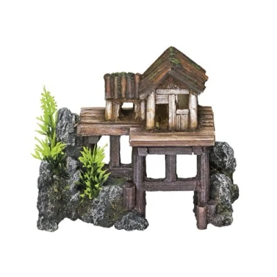 Afbeelding van Nobby Houten huis met planten, aquariumornamenten, 15,5 x 8 12 cm