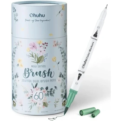 Afbeelding van Ohuhu Art Aquarelstiften, 60 kleuren, dubbele viltstiften om mee te penseel, fijne punt, marker op waterbasis, dikke stiften voor kalligrafie, tekeningen, schetsen, kleurboek