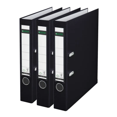Afbeelding van Leitz Kwaliteitsordner 180 plastic, 3 pack, het origineel, A4 ordners 5 cm smal, 90% gerecycled karton, 30% pre consumer kunststof, met mechanisme, 350 vellen, zwart, 310345095