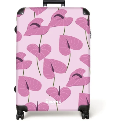 Afbeelding van NoBoringSuitcases.com® Koffer groot Reiskoffer lichtgewicht Roze met paarse bladeren Rolkoffer 4 wielen Grote trolley XL 98 liter bagage