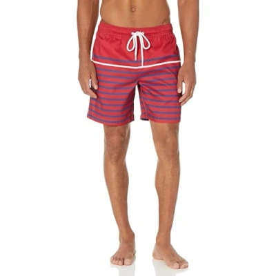 Afbeelding van Amazon Essentials Men&#039;s Sneldrogende zwembroek met binnenbeenlengte van 18 cm, Rood Streep, L