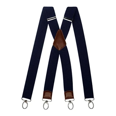 Afbeelding van Olata Werk Bretels X Vorm met Bruin Leer en Karabijnhaken 4 cm. Marineblauw