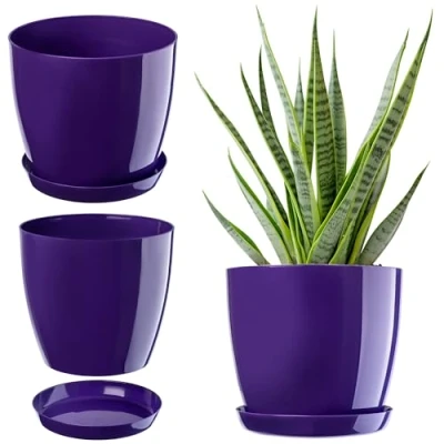 Afbeelding van Kadax bloempot, plantenpot met onderschotel, ronde bloempot voor binnenshuis, elegante sierpot van kunststof, bloemen en planten, lichtgewicht (Ø 14 cm, paars)