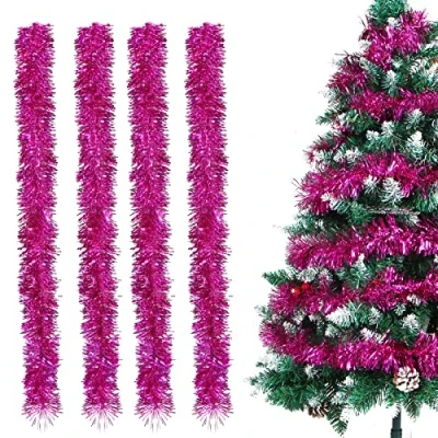 Afbeelding van Kerstslingers, 4 stuks lametta kerstboom, 2 m lamettaslinger, kerstdecoratie voor de kerstfeest, verjaardagsfeestdecoratie (rozerood)