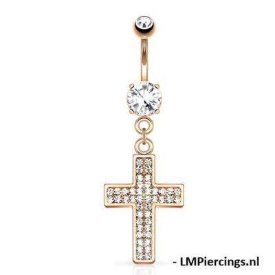 Afbeelding van Navelpiercing Gem Paved Cross hanger rose gold plated