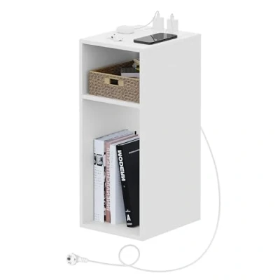 Afbeelding van WOLTU Nachtkastje met oplaadfunctie, smalle kleine bijzettafel 2 stopcontacten, USB poorten, salontafel opbergruimte, open vakken, 25 x 60 30 cm, voor slaapkamer, wit, NTS06ws