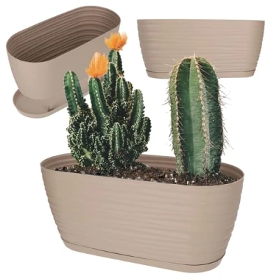 Afbeelding van KADAX bloempot met onderzetter, plantenpot voor binnenshuis, lichte sierpot van kunststof, bloemen en planten, huis, kamer, 27 cm, beige