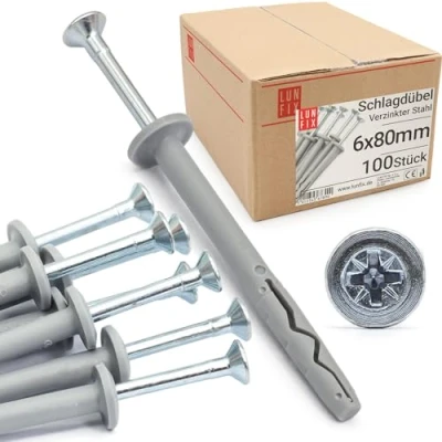 Afbeelding van Lun Fix Slagpluggen 6,0x80 mm nagelpluggen 100 stuks paddenstoelkop plug schroef frameplug snelle montage slagschroef verzonken kopschroef