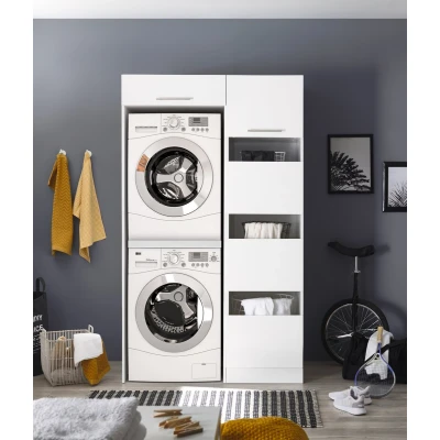 Afbeelding van wasmachine kast en wasmand droger ombouw Houten meubel Wit