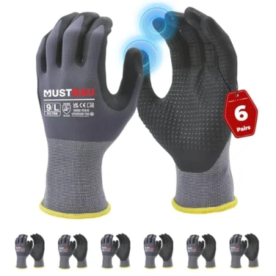 Afbeelding van Mustbau 6 paar werkhandschoenen met touchscreen zwarte parelpunten, nitrilhandschoenen, slijtvast, geventileerd, ideaal voor werk, tuinieren, mechanica, bouwplaats (grijs, L)
