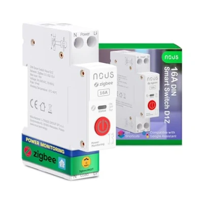 Afbeelding van Nous Zigbee DIN railschakelaar, 16 A, intelligente schakelaar met energiebewaking, compatibel Zigbee2MQTT, Home Assistant, Alexa &amp; Google Home, app afstandsbediening, spraakbesturing en timer