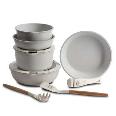 Afbeelding van Bergner Click&amp;Cook Kookgerei met Afneembare Handgreep 2 Koekenpannen, Sauspannen, 1 Frituurpan, Deksels en Keukengerei Gemaakt van Gegoten Aluminium Beige Marmer antiaanbaklaag