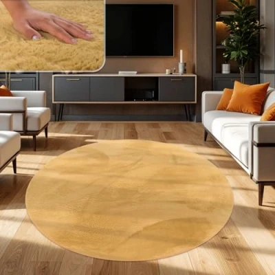 Afbeelding van Hoogpolig Tapjit Shaggy Woonkamer Modern Effen Kleur Fluffy, Kleur: Geel, Maat:100 cm rond