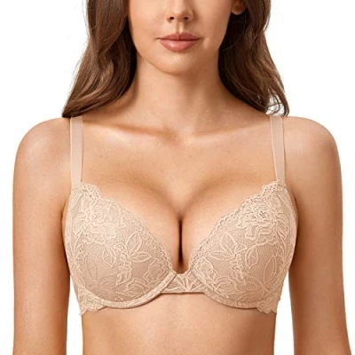 Afbeelding van DOBREVA Vrouwen Push Up BH Met Kant Gevoerde Plunge Beugel Volledige Cup Buste Voorgevormde Cups Beige 85B