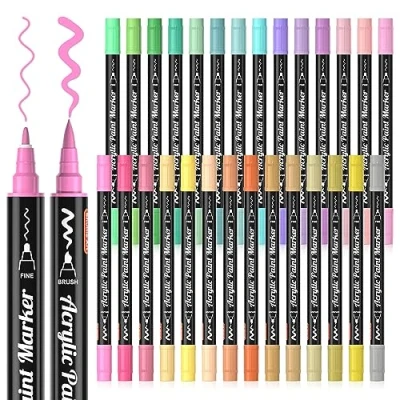 Afbeelding van Shuttle Art Acrylverfpennen met dubbele punt, 28 pastelkleuren, fijne en penseelverfstiften, verfpennen voor rotsschilderen, keramiek, hout, stof, kunstmarkeerstiftenset kinderen volwassenen