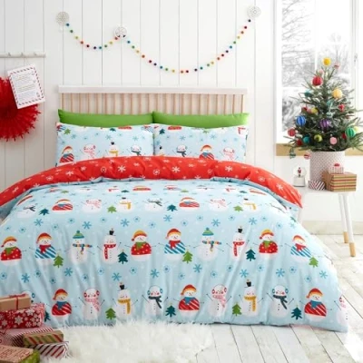 Afbeelding van Fusion Eendenei blauw kerst dekbedovertrek tweepersoons beddengoed (200 x 200 cm) omkeerbaar ontwerp sneeuwpop kerstbeddengoed met 2x kussenslopen rode kerstsneeuwvlok