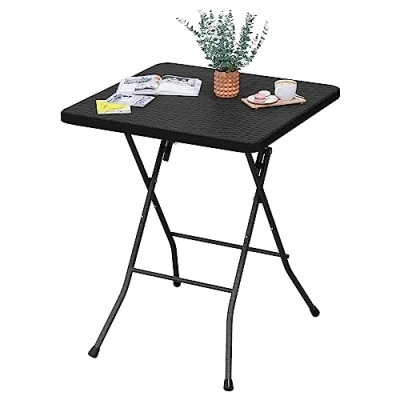 Afbeelding van eSituro Klaptafel tuintafel, bijzettafel outdoor, inklapbare balkontafel, campingtafel, bistrotafel, vierkant tafelblad in rotanlook, zwart, 61 x 73 cm SCPT0039