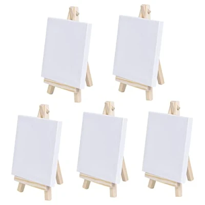 Afbeelding van 5 stuks mini ezel met kunst canvas, canvas kunstborden vooraf uitgerekt en gegrond blanco tafelblad houten schildersezel voor ambachtelijke olie acryl schilderij tekenkunstenaar (L10 x B10