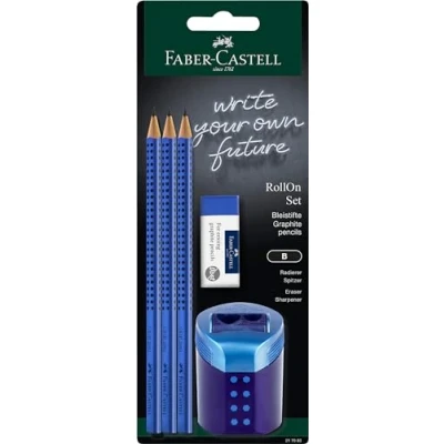 Afbeelding van Faber Castell 217083 Grip 2001 Potlodenset, met gum, RollOn puntendoos en 3 potloden, schrijfset blauw