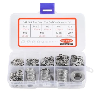 Afbeelding van BASVII platte ringen 684 delige roestvrijstalen ringenset Assortiment met 9 maten lichaamsringen Assortimentset M2 M2.5 M3 M4 M5 M6 M8 M10 M12