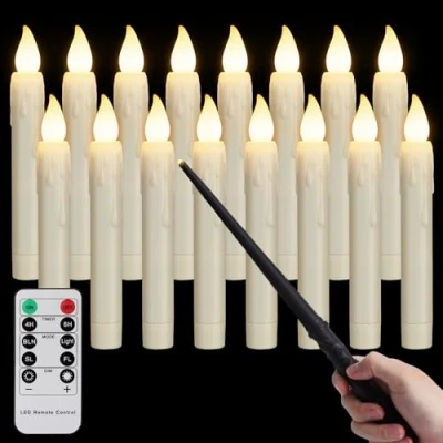 Afbeelding van FREEPOWER Zwevende led kaarsen, 16 stuks, met toverstaf, afstandsbediening, timer, flikkeren, staafkaarsen, werkt op batterijen, Halloween decoratie, 17 cm