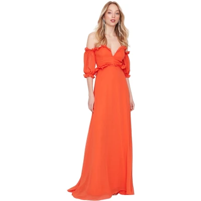 Afbeelding van Trendyol Granaatappelbloem A Lijn Gevoerd Geweven Chiffon Lange Elegante Avond En Nachtjurk Tprss22Ae00047