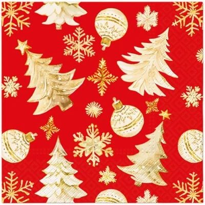 Afbeelding van 20 servetten kerst ornamenten goud op rood als tafeldecoratie. Papieren met motief. Ook voor decoupage en servettentechniek 33x33cm