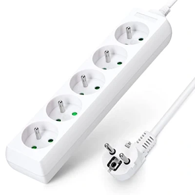 Afbeelding van Aigostar Stekkerdoos met 5 stopcontacten, 16 A, 2P + E, stroomverlenging van m, kabel en kinderbeveiliging, wit