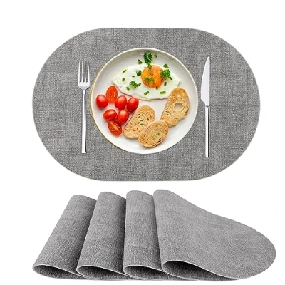 Afbeelding van Placemats PU lederen placemats, wasbare hittebestendige tafelmatten, set van 4, antislip, voor eetkamer, keuken, ovaal, grijs