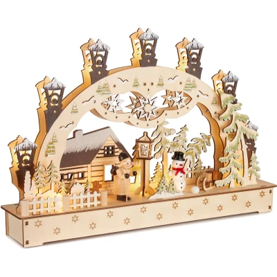Afbeelding van BRUBAKER 3D lichtboog, led kersthuis in het bos met lantaarns, kerstverlichting van natuurlijk hout, 27 x 40 7,5 cm, handbeschilderde figuren, kerstdecoratie voor tafel, raam